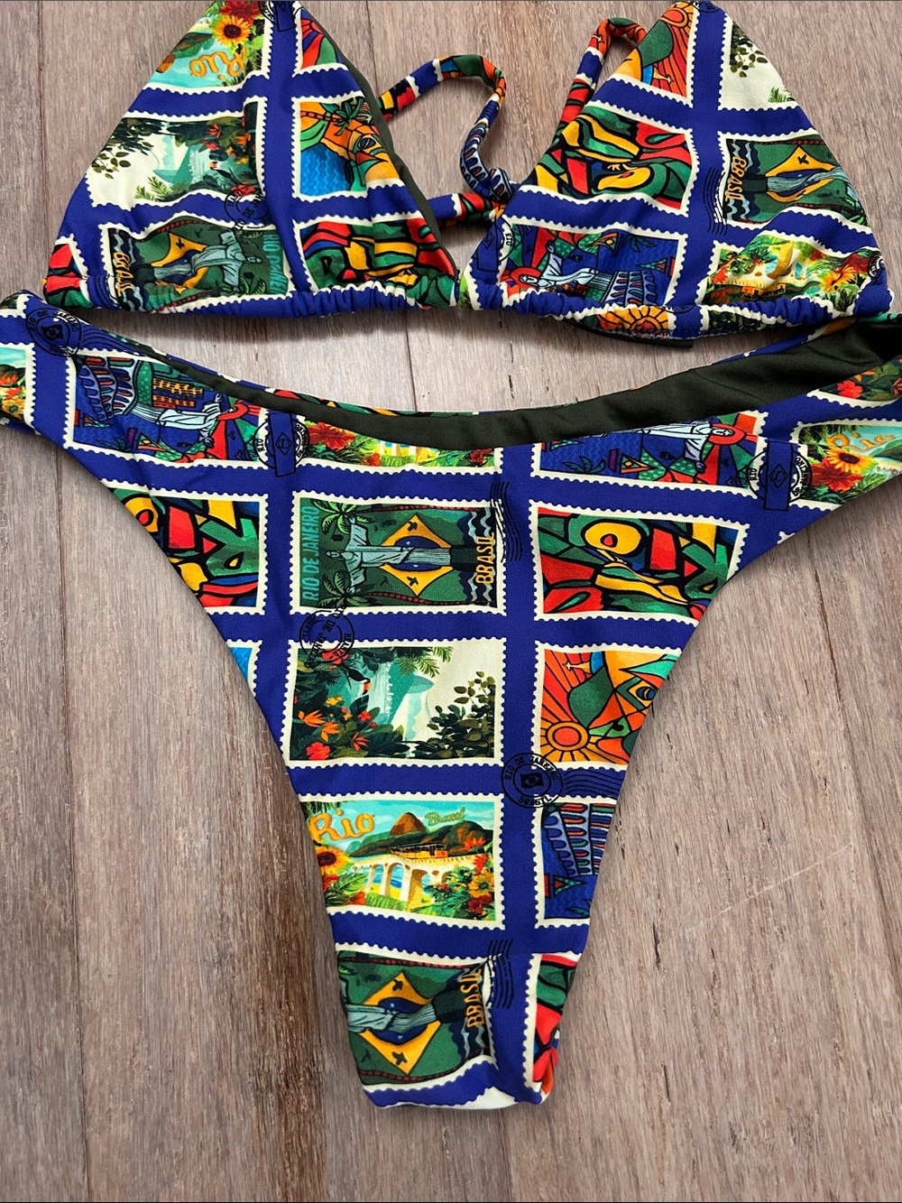 Colorful Patchwork Triangle Bikini Set - Blue Multi - Picture 2 of 11